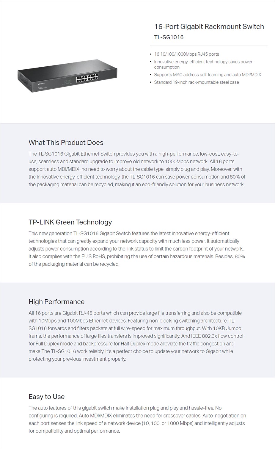  TP-Link TL-SG1016 16 Port Gigabit Switch - Rackmountable - Overview 1