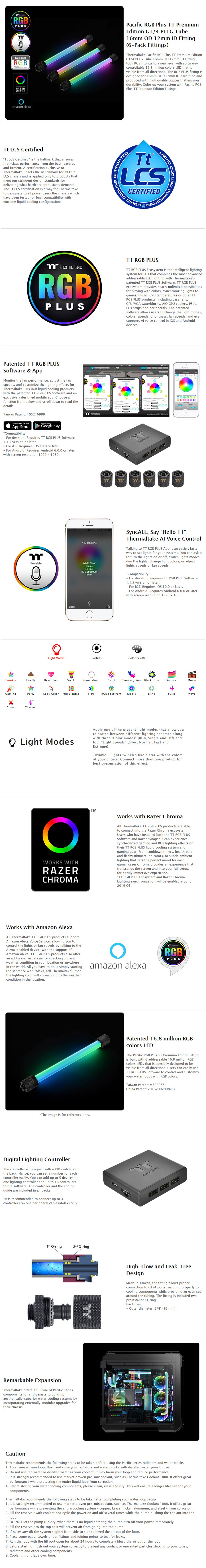 Thermaltake Pacific RGB Plus G1/4 PETG Tube 16mm OD 12mm ID Fitting - 6 Pack - Desktop Overview 1