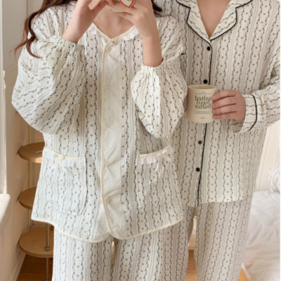 Baby Cotton Bubble Gauze Home Wear - Striped Floral Couple