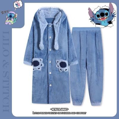 Winter Ultra Warmth Coral Fleece Gown Set Stitch Blue