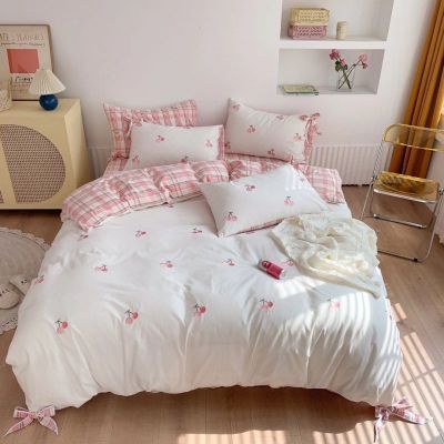 Water-washed Cotton Embroidered 4 in 1 Bedding Sets Lucky Cherry