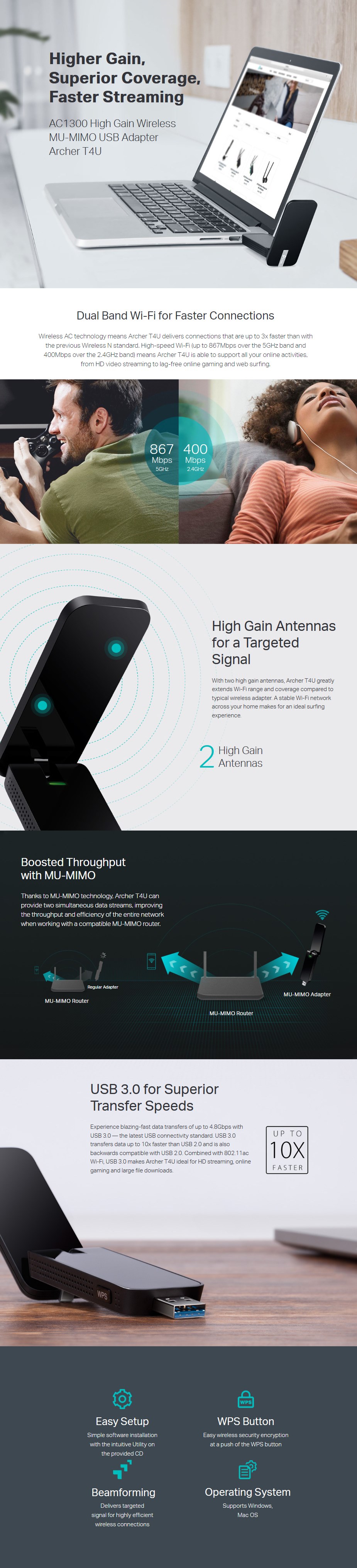 TP-LINK Archer T4U AC1300 High Gain Wireless MU-MIMO Dual Band USB 3.0 Adapter - Overview 1