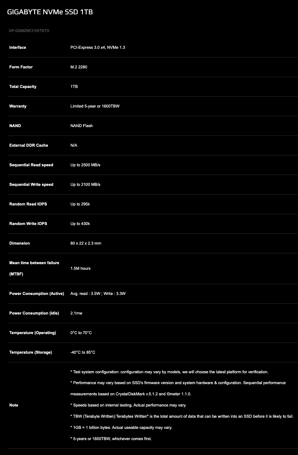 Gigabyte GSM2NE3 M.2 NVMe Solid State Drive 1TB specifications