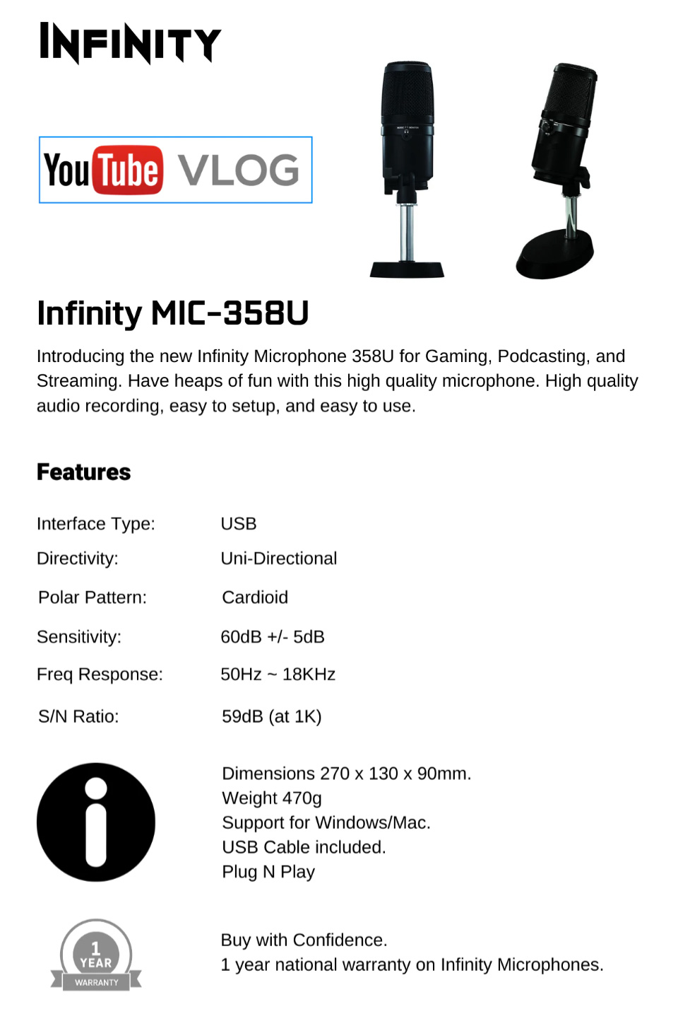 Infinity MIC358U USB Microphone Black features and specifications